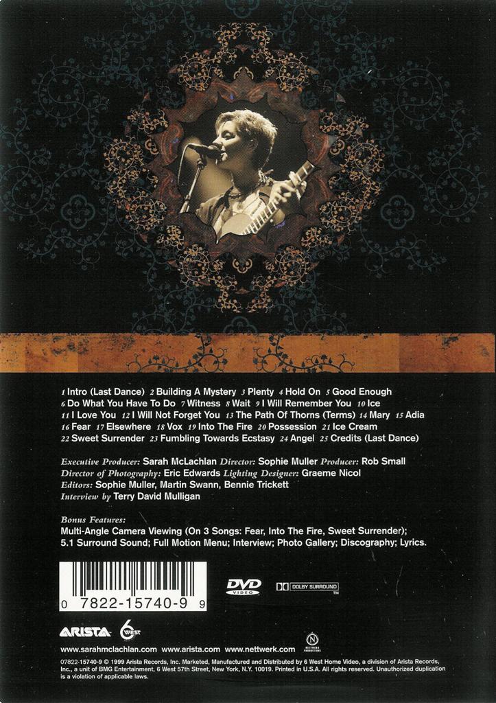 Sarah McLachlan Mirrorball DVD FREE Shipping Within USA