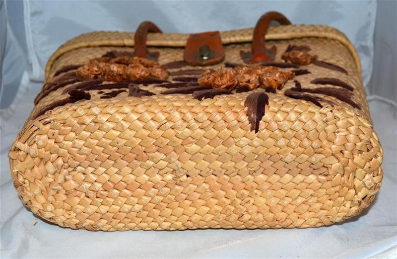 Vintage Large Woven Straw Flowered Handbag Purse Tote with Leather Handles eBay