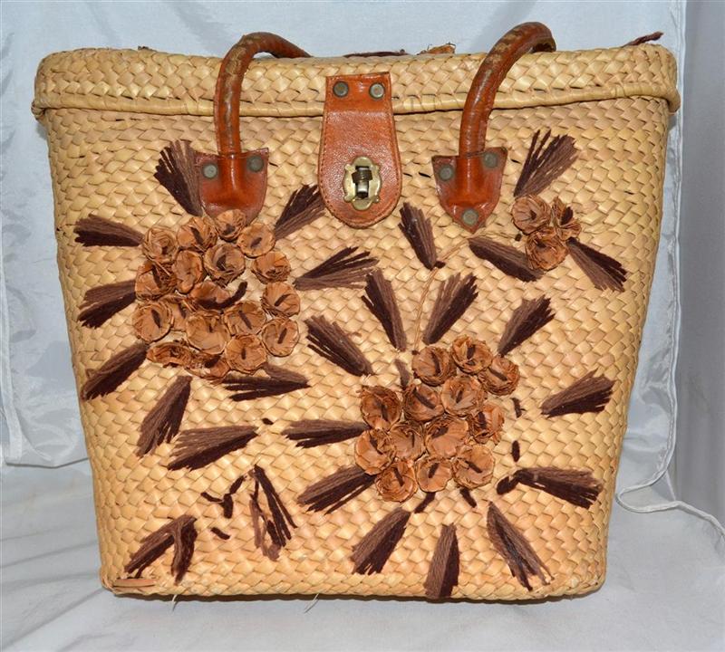 Vintage Large Woven Straw Flowered Handbag Purse Tote with Leather