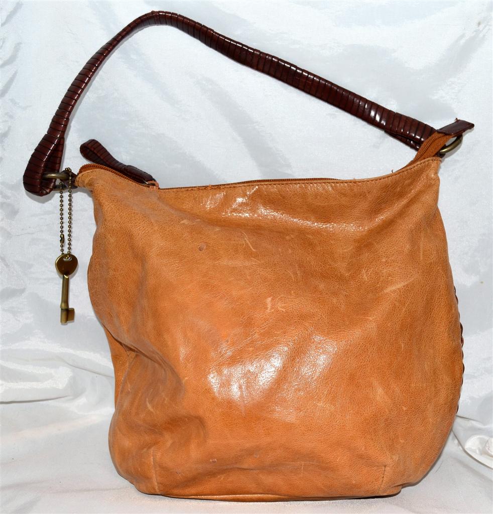 Fossil Tan Soft Leather Shoulder Bag Purse with Waxed Brown Leather Strap 75082 eBay