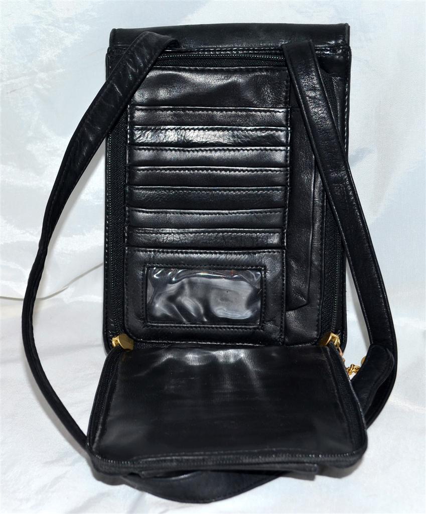 Perlina Black Leather Cross Body Multi Compartment Purse with Built In 